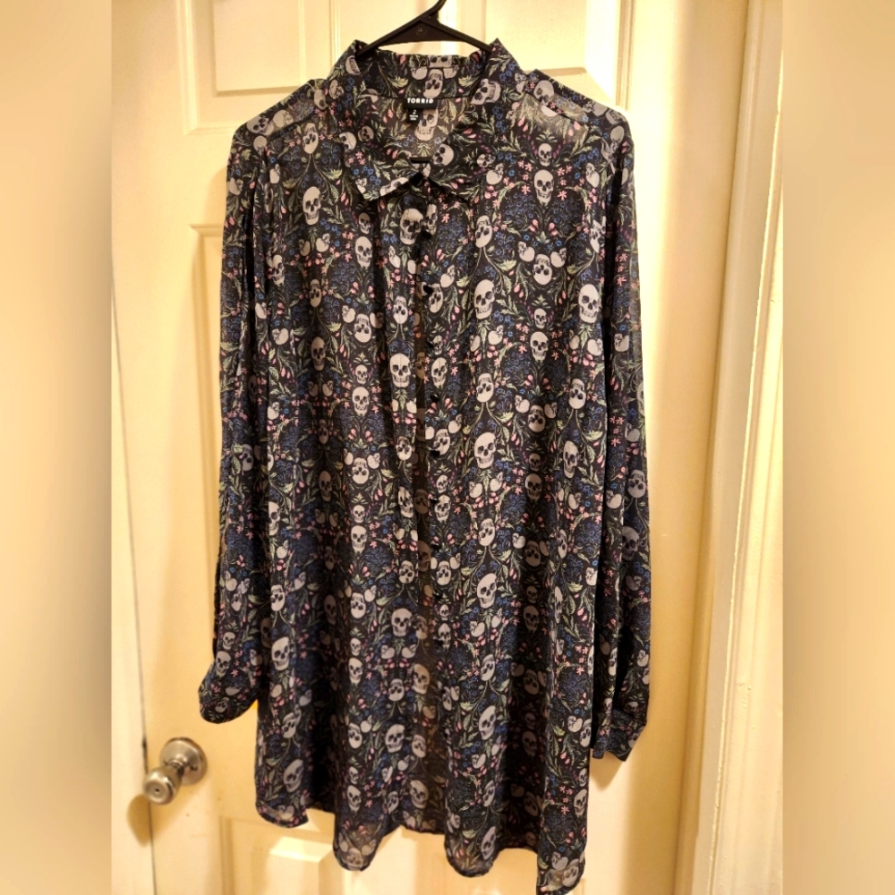 Torrid sheer skulls floral button up